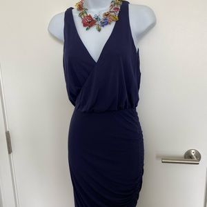 Navy plunge neckline Halston cocktail dress.
